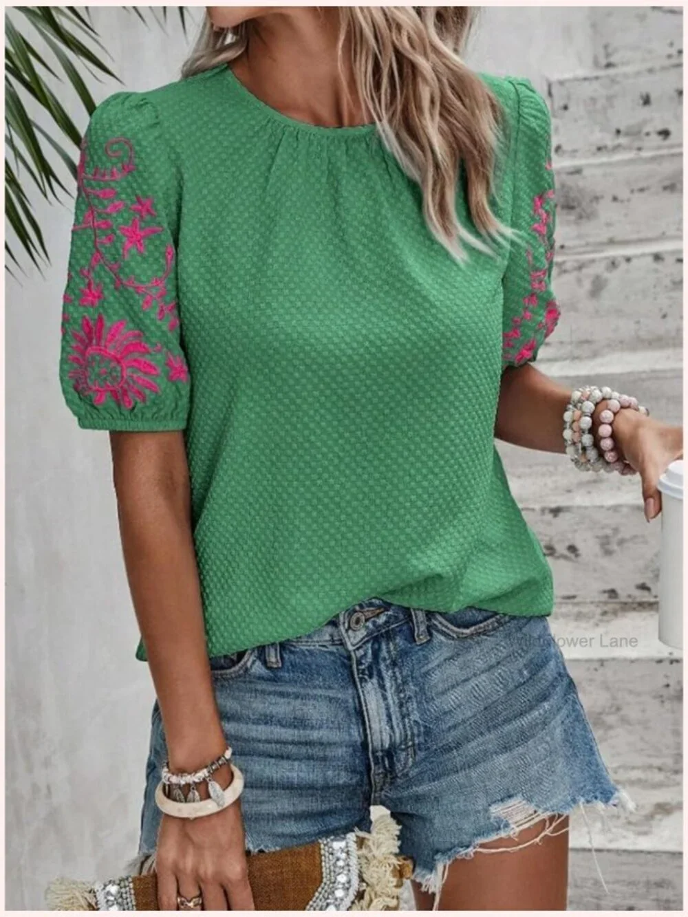 Crewneck Puff Short Sleeve Embroidered Blouse Tunic Top Loose Fit